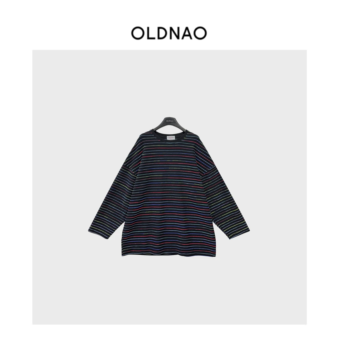 【OLDNAO】品牌订单线宽松廓形彩条圆领长袖T恤-KA-T8061