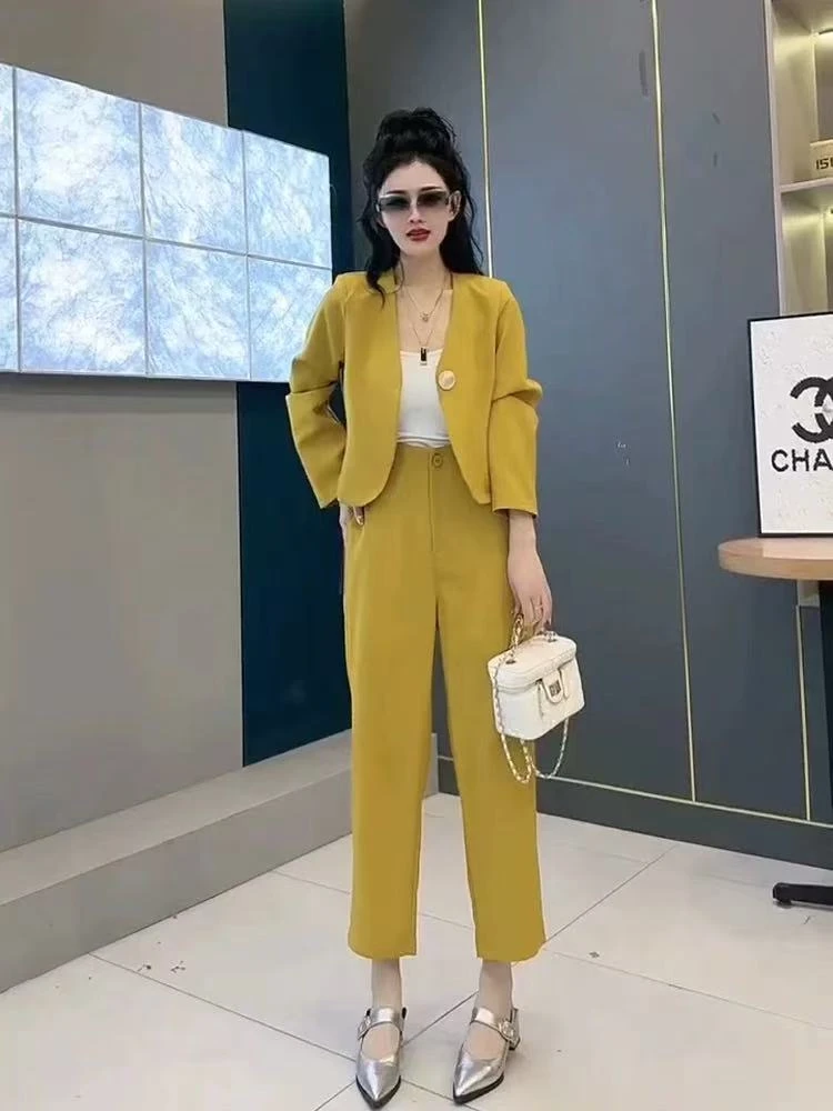 简约轻职风时尚套装女2025年夏季新款百搭长袖短外套+纯色裤子潮