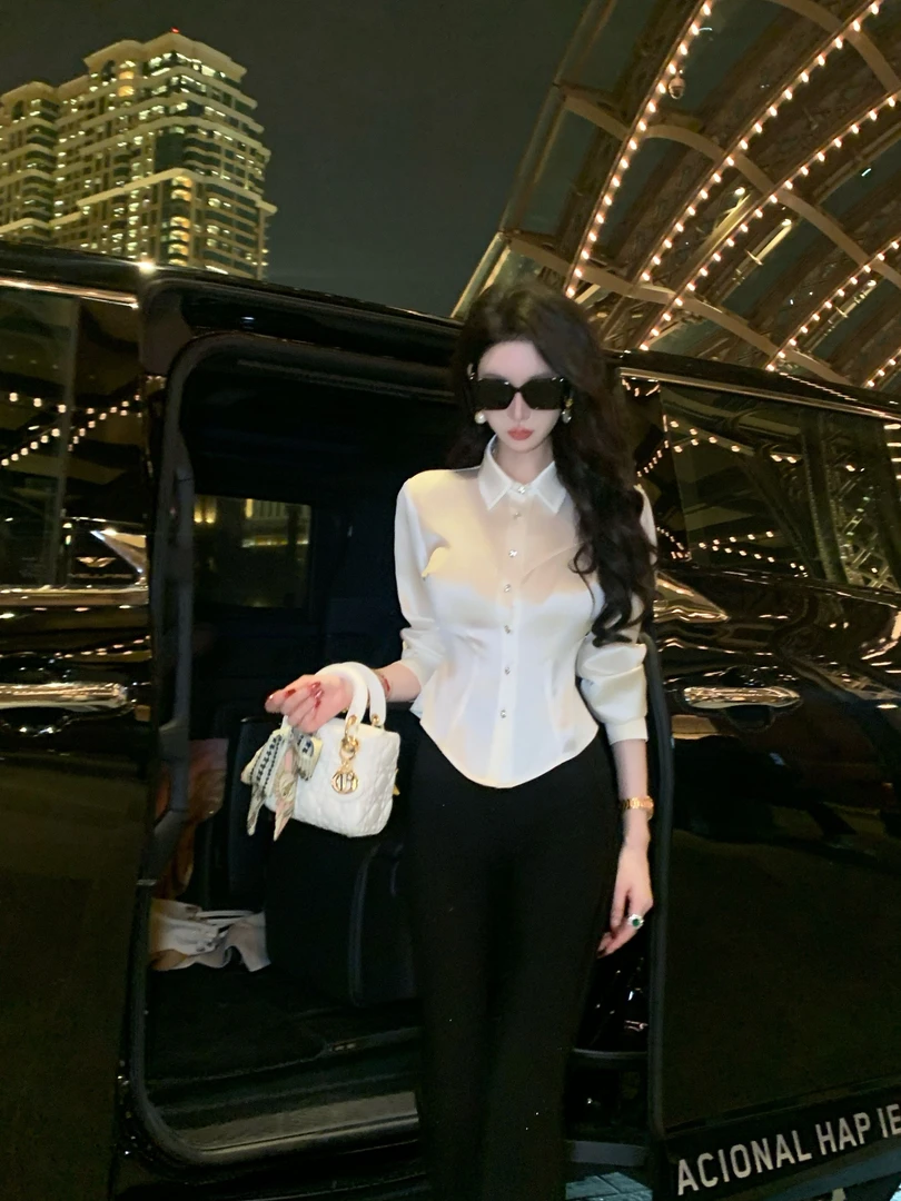 【雅乔定制】凯旋门 气质收腰显瘦白色醋酸长袖衬衫DYZY-24127463