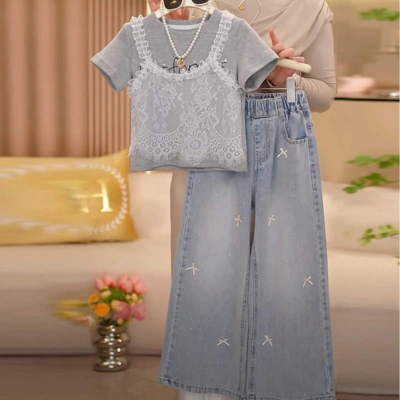 中大女童蕾丝假两件短袖套装2025夏季新款时尚百搭设计款套装