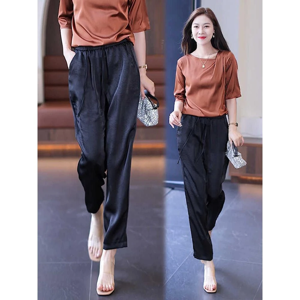 垂感冰丝女裤今年夏季新款裤子宽松百搭哈伦裤薄款小个子九分裤女
