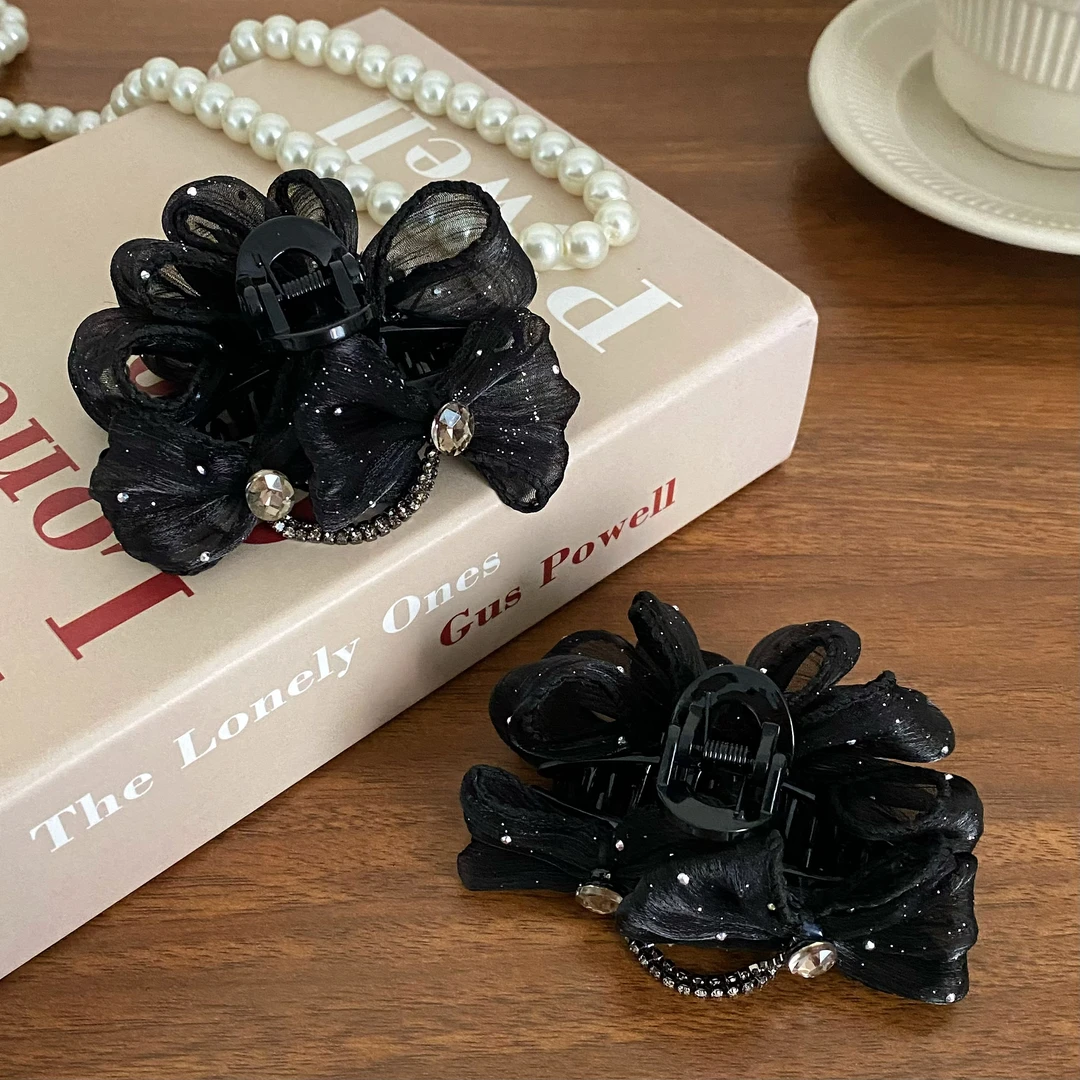 2025新款满天星网纱蝴蝶结刘海夹7cm小抓夹黑色复古发夹优雅头饰