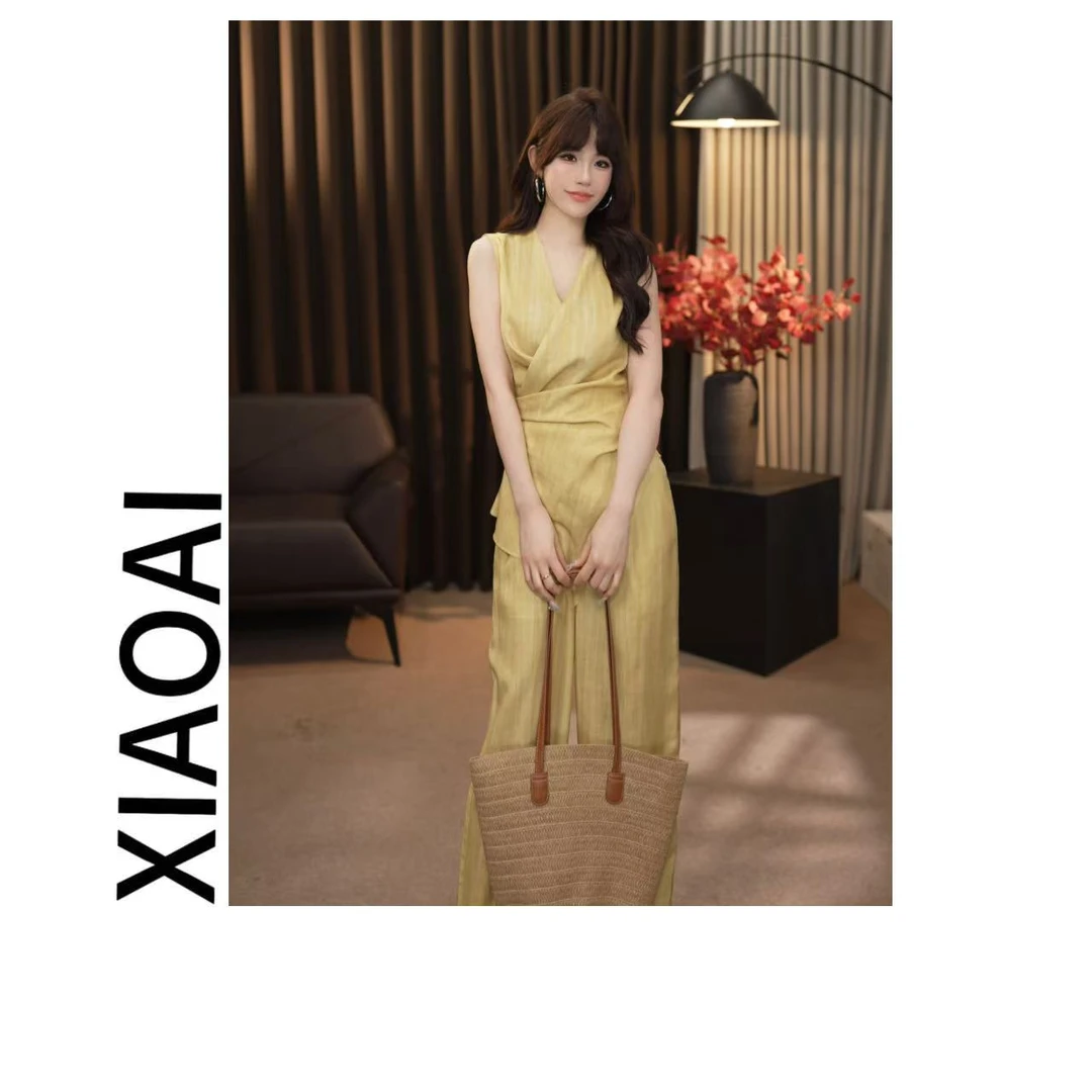 A20001气质无袖背心女夏季新款宽松显瘦马甲+直筒裤套装