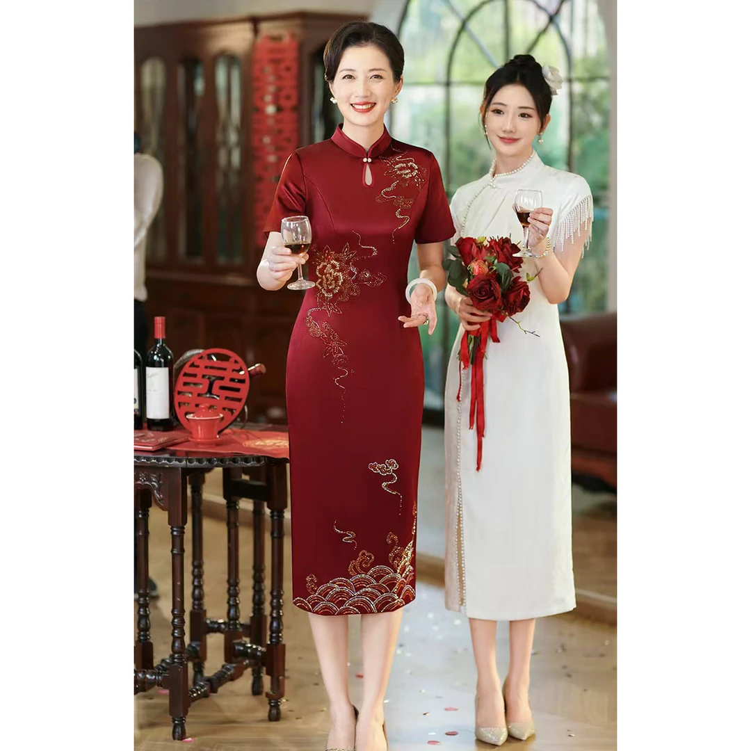 喜婆婆喜妈妈新中式酒红色中长款旗袍大码气质春秋复古新娘中国风