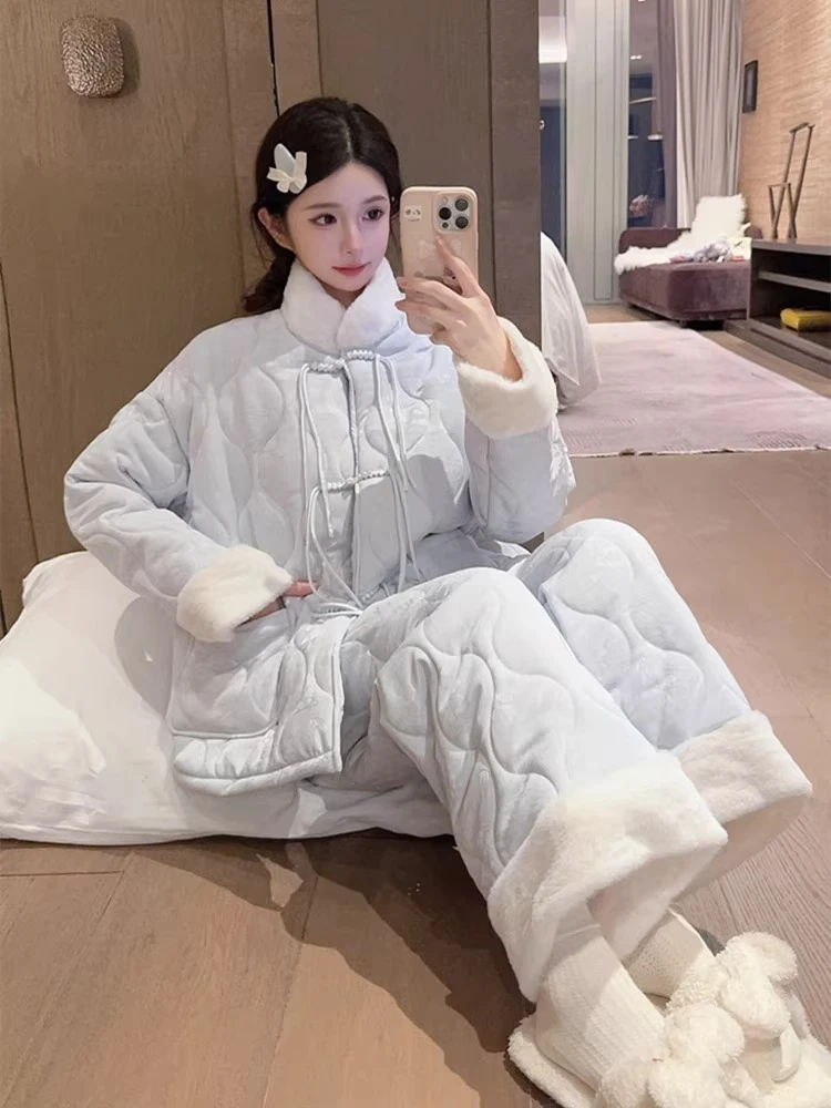 2024新款中式睡衣女冬季三层夹棉袄加绒加厚国风珊瑚绒外穿家居服