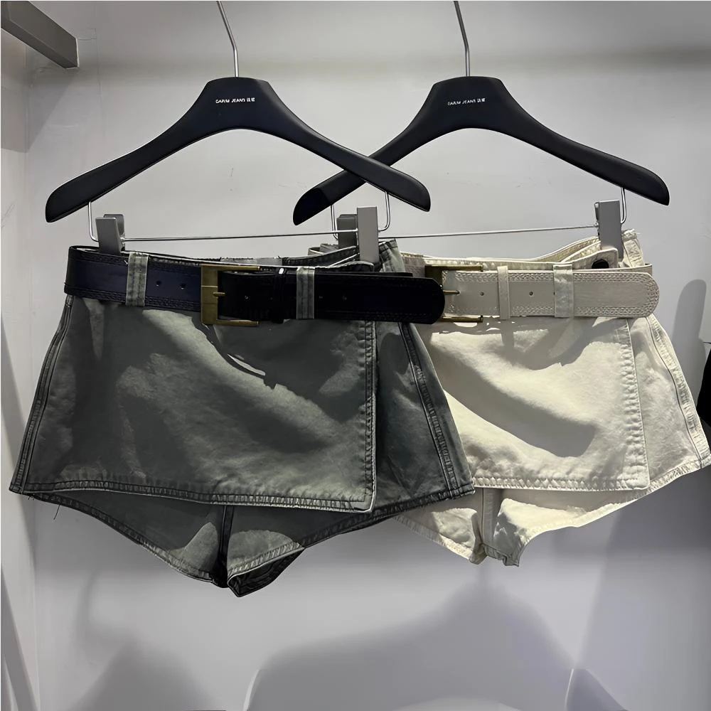 2025年夏季高腰时尚感简约宽腰带假两件贴片性感辣妹工装裙短裤女