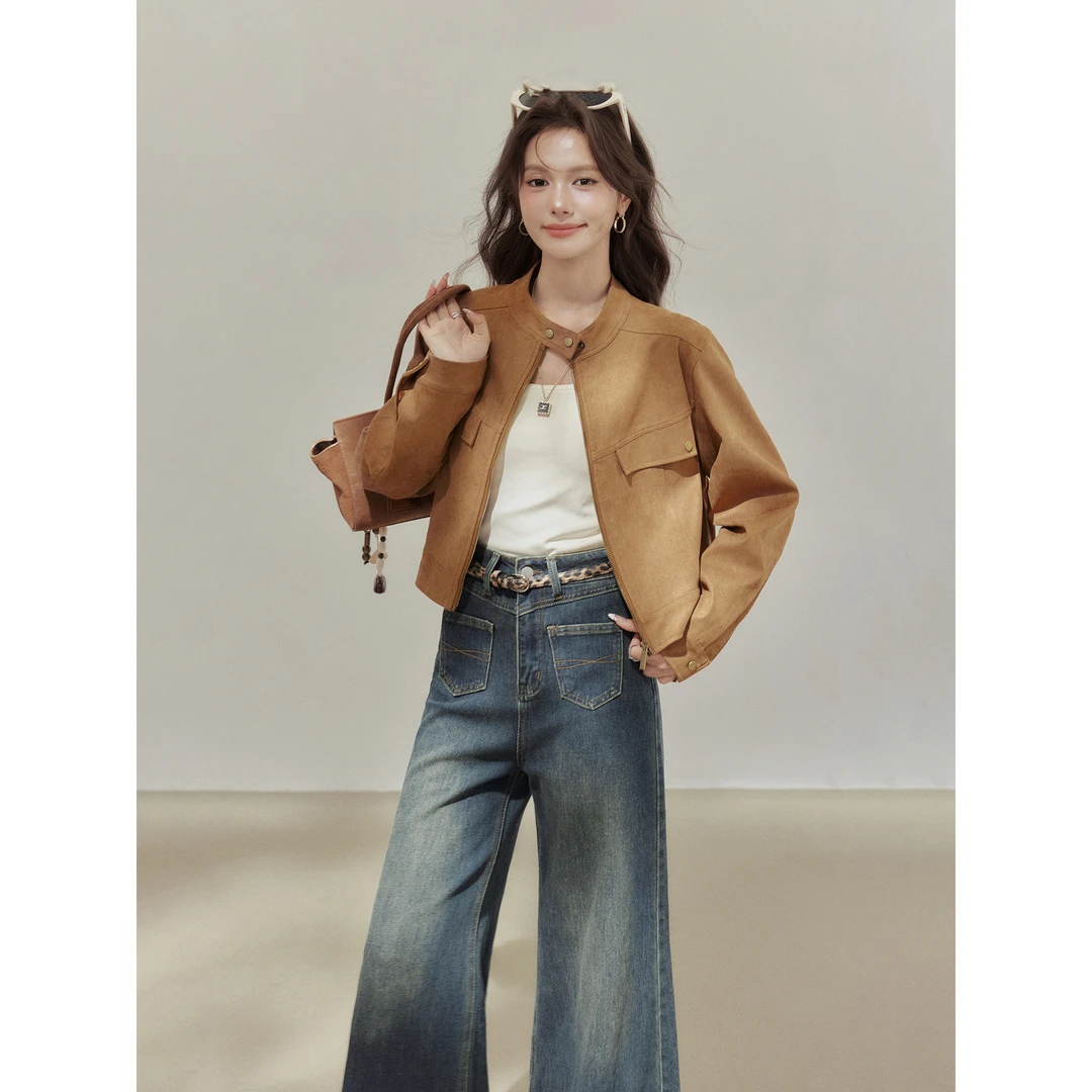 美拉德小个子秋季短外套女2025新款宽松短款复古咖色机车夹克上衣