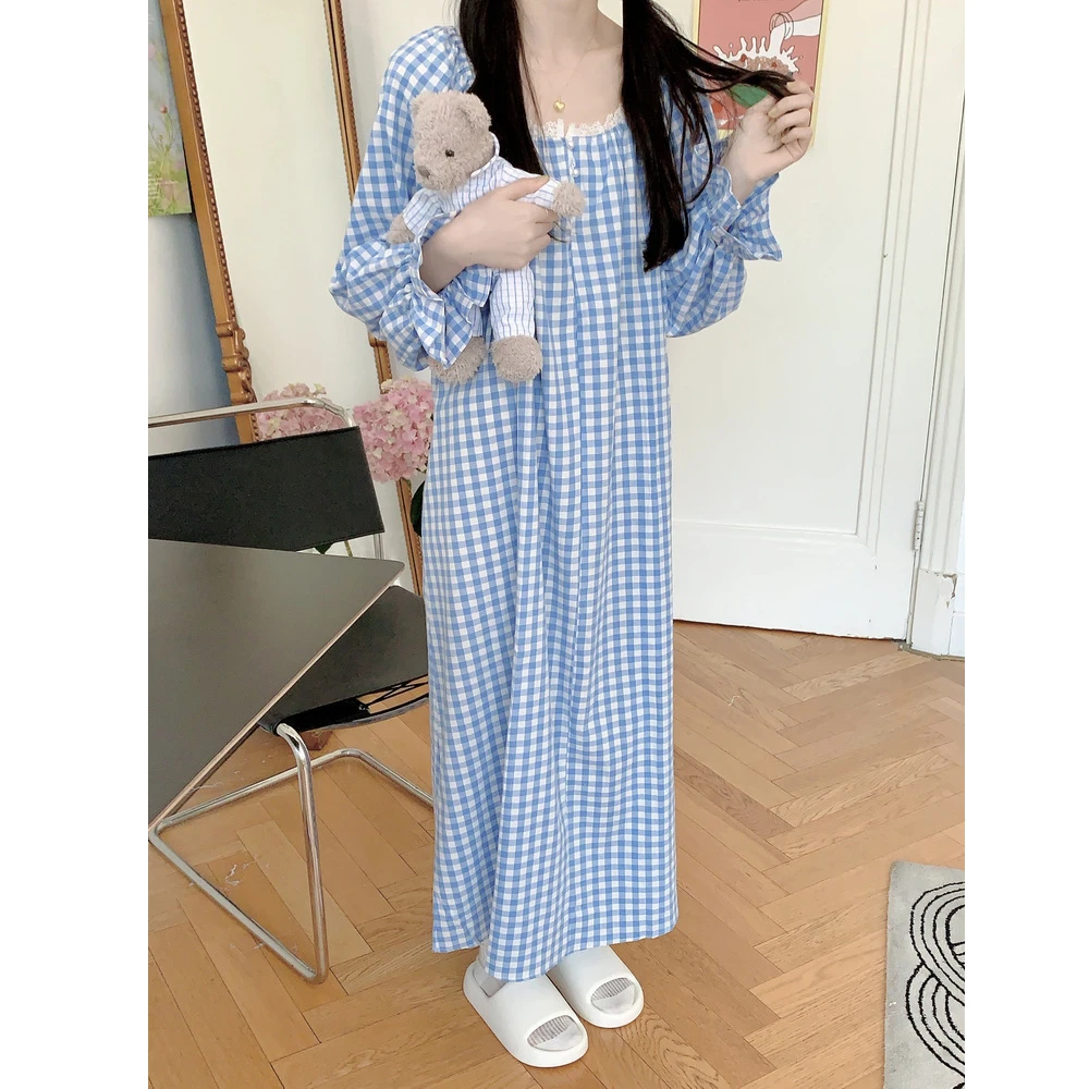 纯棉长袖睡裙女春秋季蓝色格子蕾丝领口珍珠扣宽松睡衣外穿家居服
