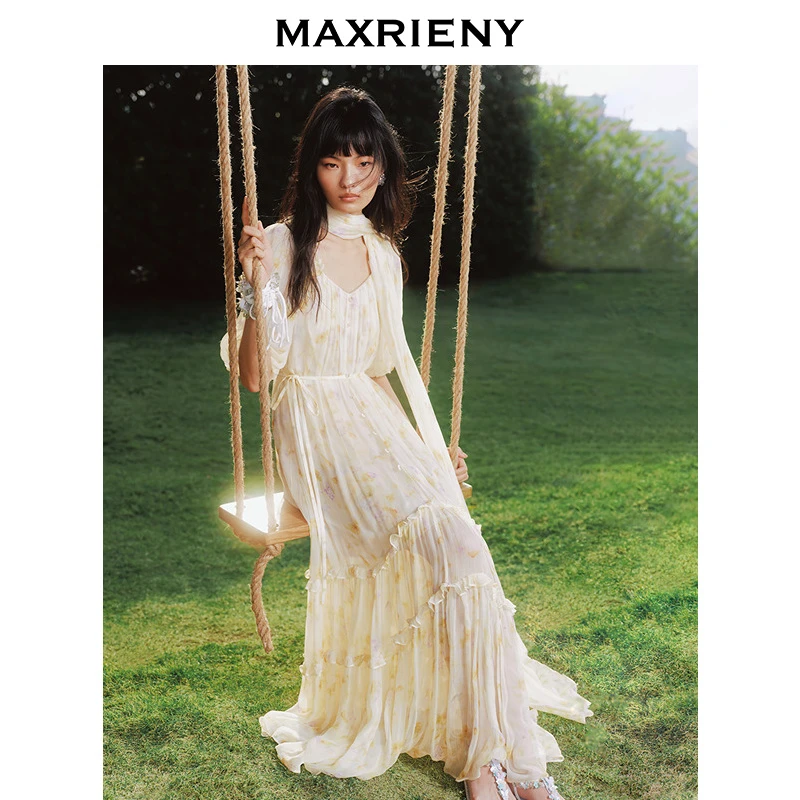 【商场同款】MAXRIENY日落繁花裙25春复古宫廷风泡泡袖碎褶连衣裙