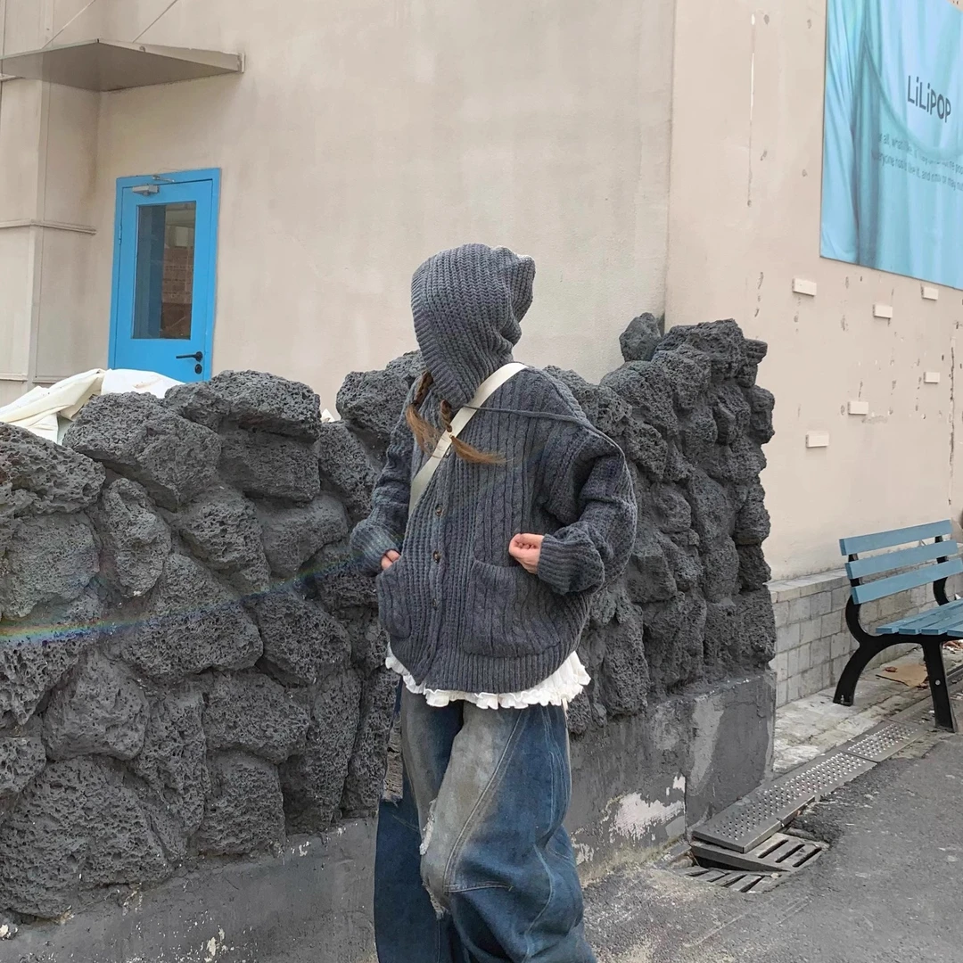 美式复古麻花连帽慵懒风V领连帽针织毛衣女秋冬新款美式宽松外套