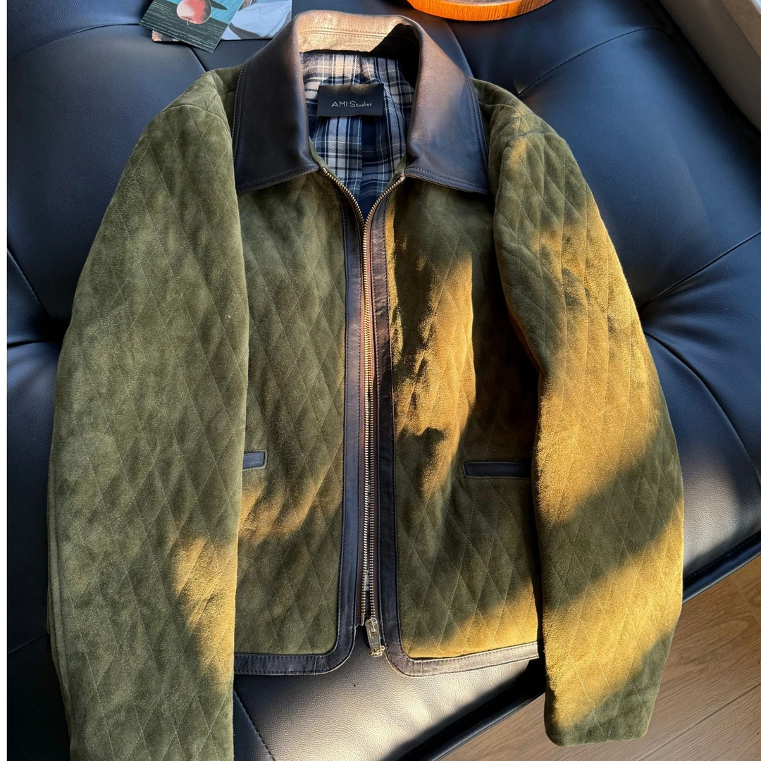 进口超柔小羊皮绒面真皮衍缝夹棉薄棉服皮衣休闲翻领直筒皮外套女