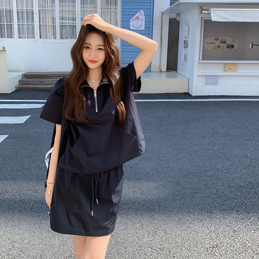 韩系减龄休闲运动服套装女夏季新款时尚拉链POLO衫短袖短裙两件套