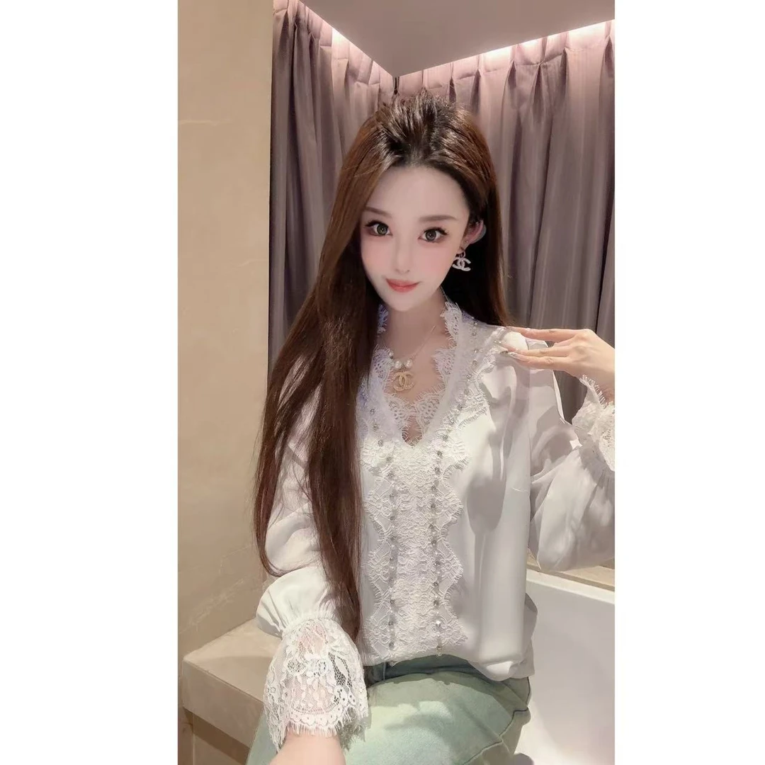 JY&JY橙子大大【心动起航】重工钉珠拼蕾丝领衬衫上衣 16109