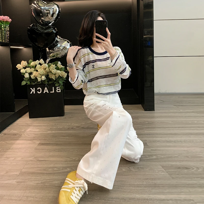 条纹卡通猫刺绣防晒罩衫长袖t恤女高腰显瘦休闲垂感宽松直筒裤子