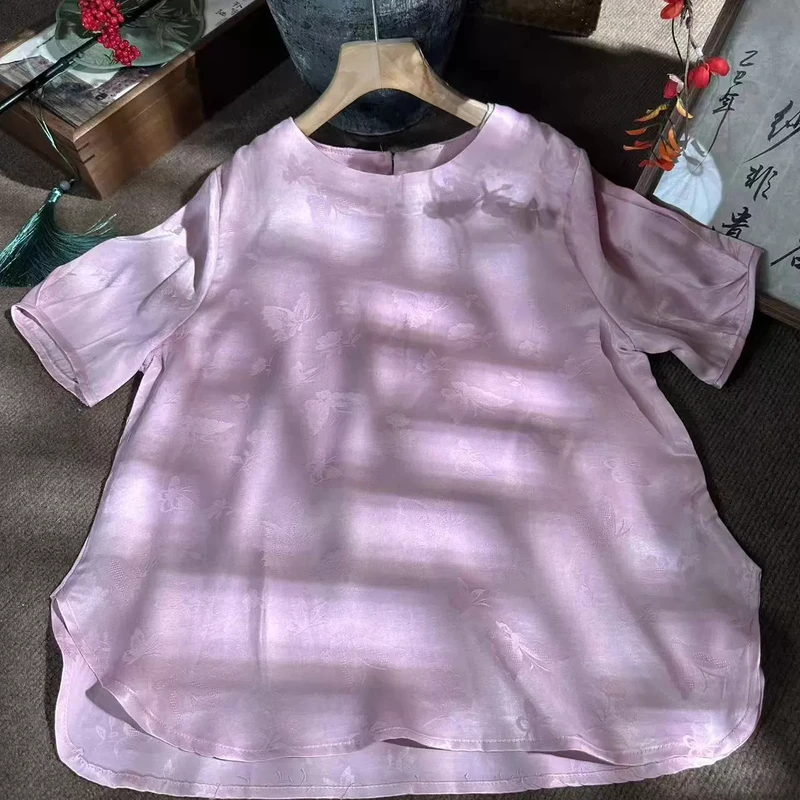 夏季新款新中式国风时尚宽松圆领提花短袖上衣