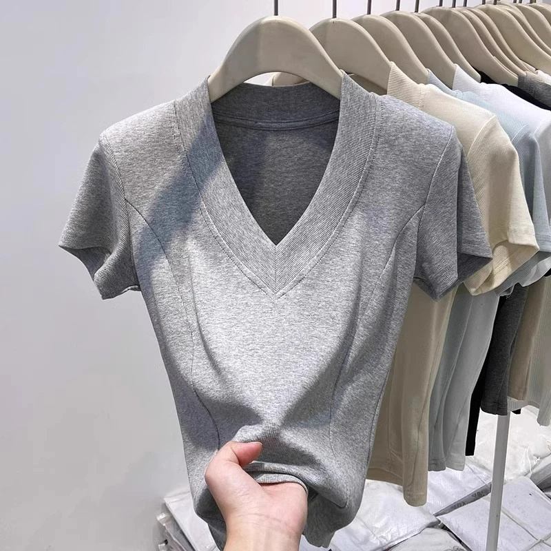 欧货V领螺纹短袖T恤女夏季新款洋气修身显瘦短款鱼骨收腰正肩上衣