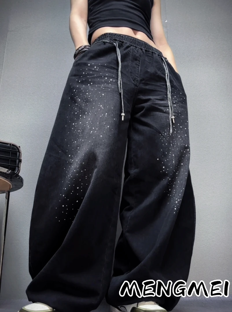 加绒9998烫钻牛仔裤潮牌双抽绳长裤黑色长裤街舞广场舞曳舞牛仔裤