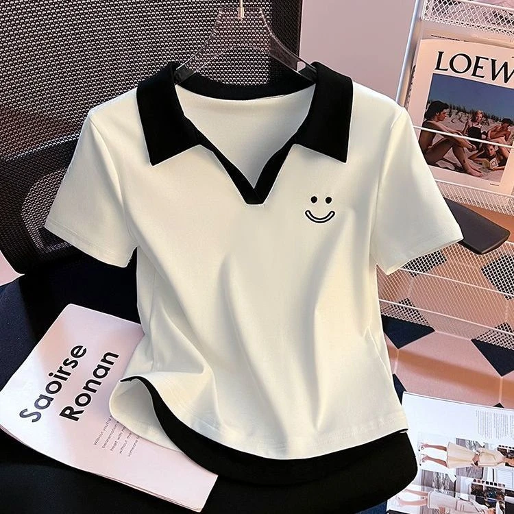 棉质新款白色正肩polo领短袖T恤女减龄修身百搭短款大码学生上衣