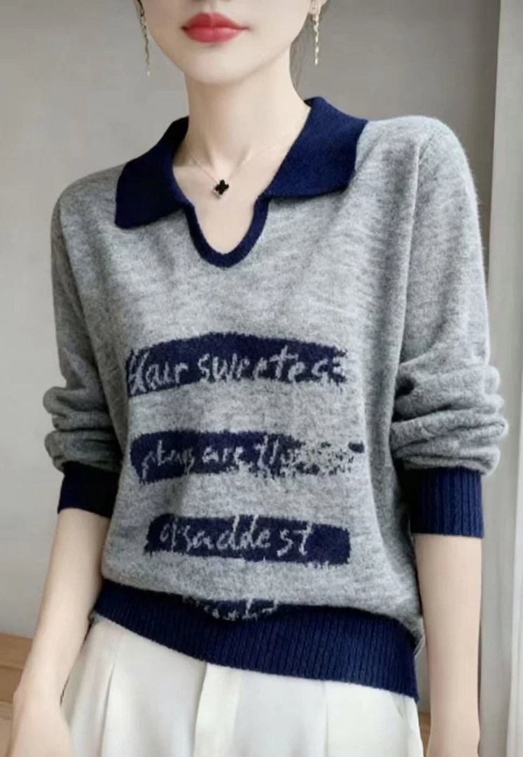 秋冬新韩式减龄女装翻领宽松百搭卡通字母休闲软糯针织衫2533