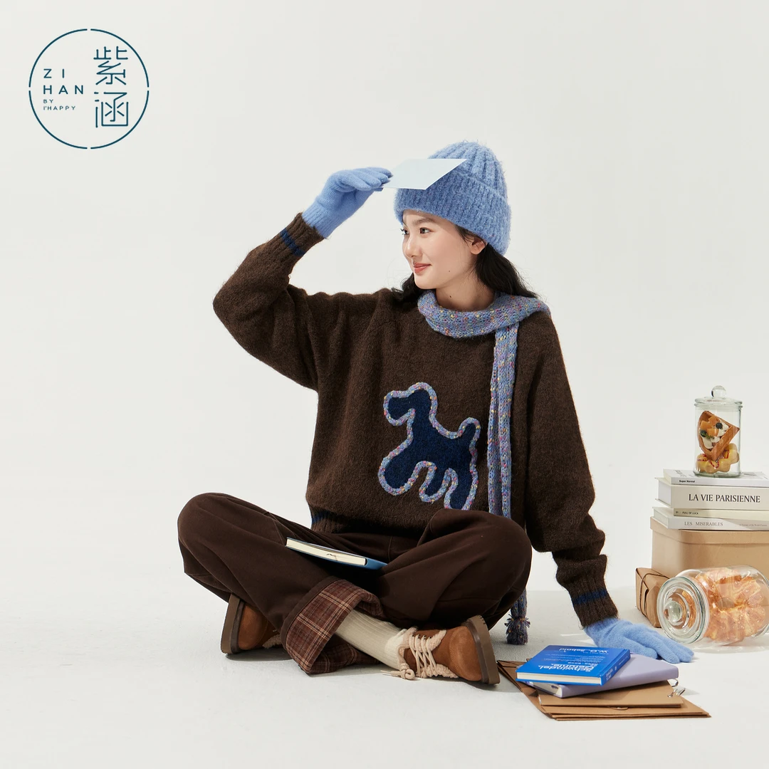 紫涵复古圆领套头毛衣女2025冬季新款刺绣领巾针织衫Z5Z10AW297