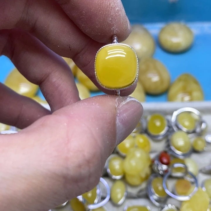 蜜蜡裸石银S925镶嵌戒指