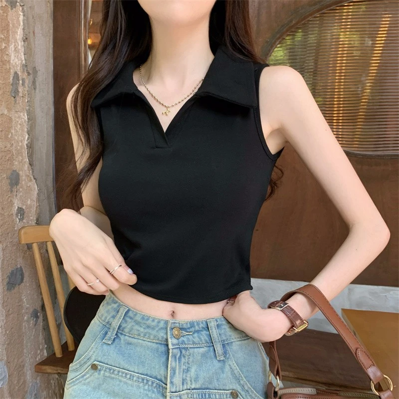 小众百搭显瘦无袖打底衫背心女夏韩版polo领设计感上衣遮肉修身