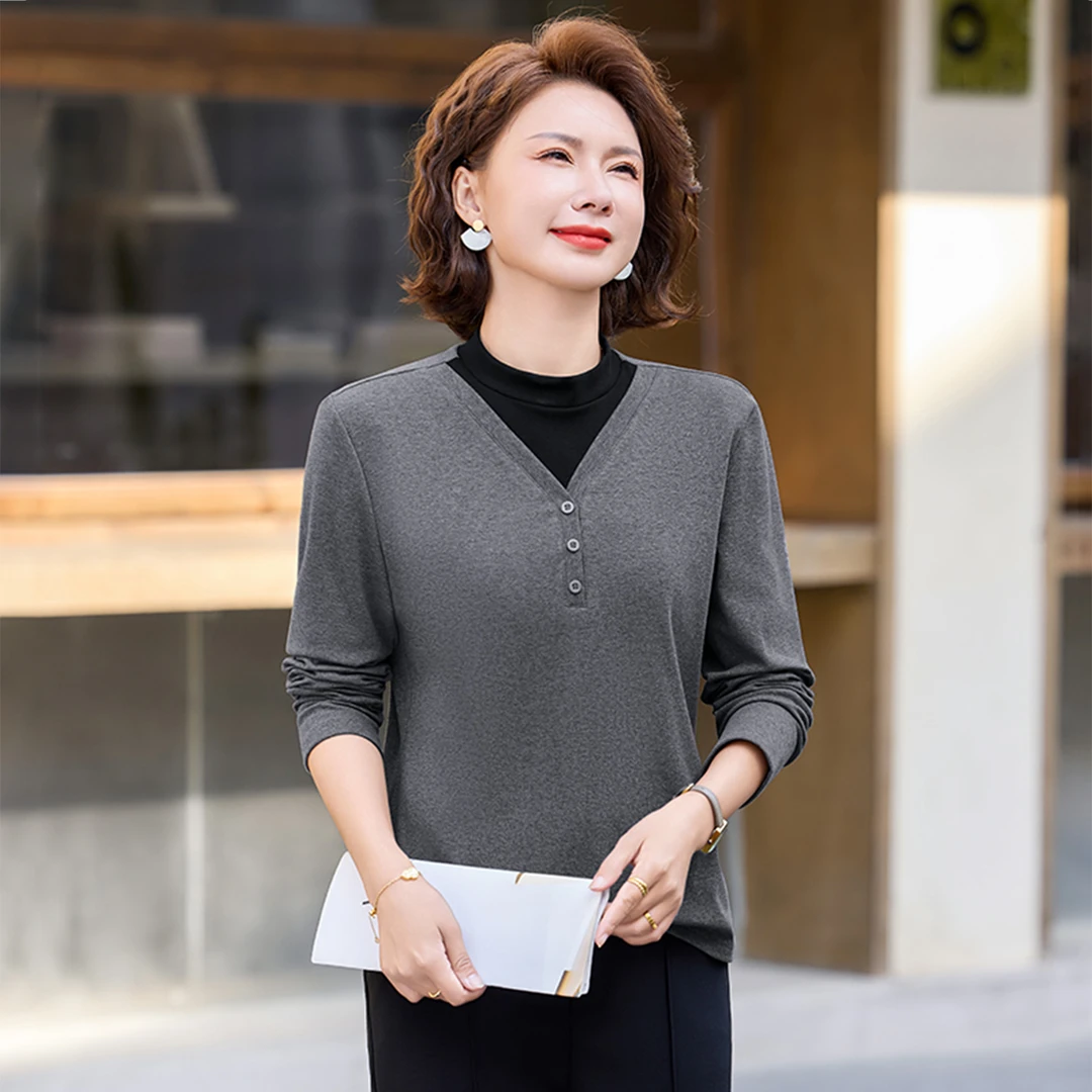 秋冬加绒打底衫2025新款撞色假两件半高领长袖上衣时髦洋气妈妈装