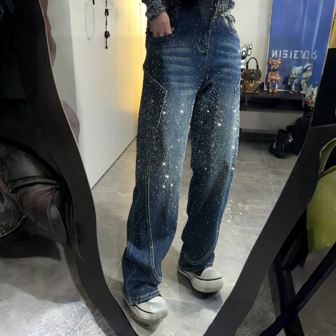 冬季厚绒弯刀裤烫钻高腰阔腿裤弹力牛仔裤街头阔腿长裤复古直长裤