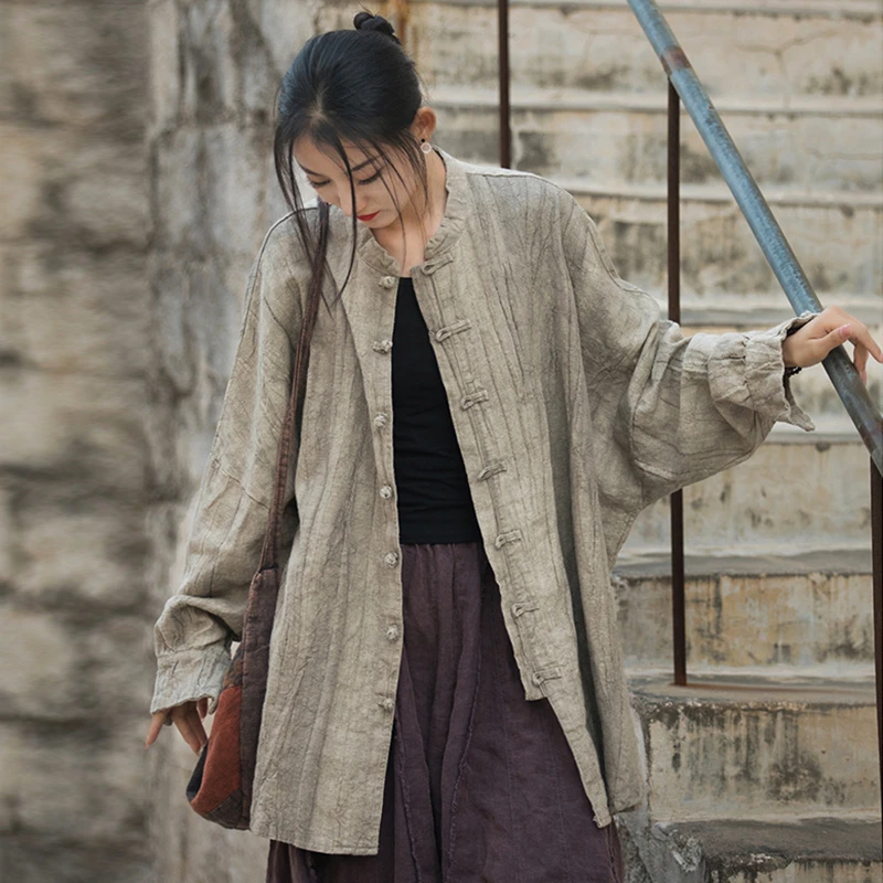 棉麻扎染做旧上衣女2025年春秋新款原创苎麻女装复古盘扣开衫外套