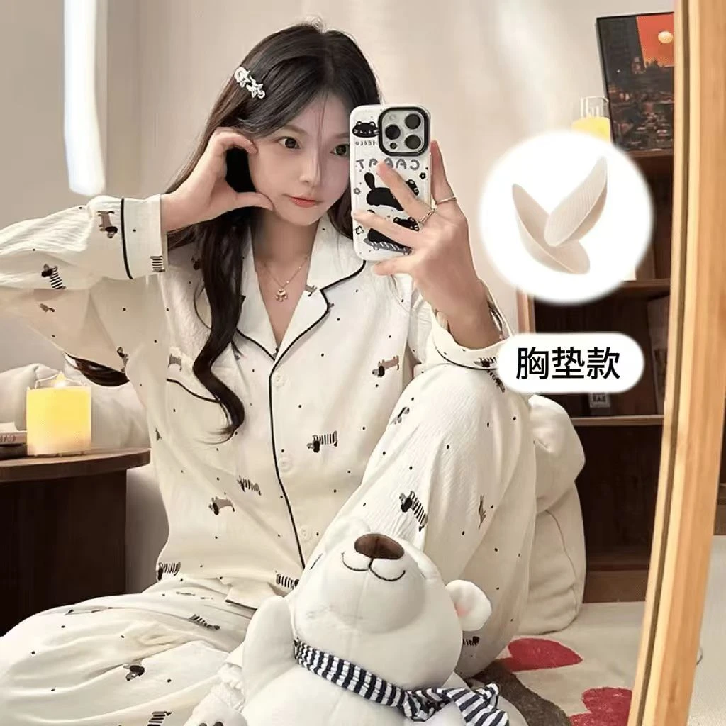 波点腊肠狗睡衣套装女春夏秋云朵棉长袖带胸垫一体可爱小狗家居服