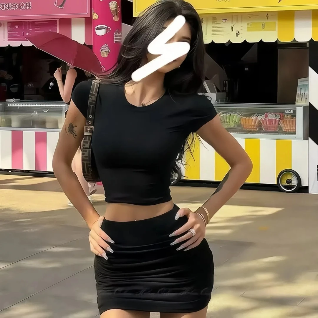 夏季新款套装带安全裤黑皮显白！美式显瘦T恤包臀半裙辣妹两件套装
