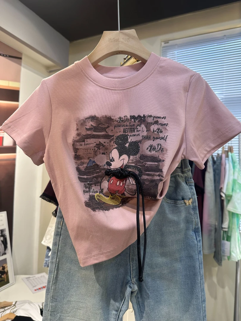 女大童卡通贴钻潮T短袖2024夏装新款青少年宽松休闲慵懒感半袖T恤