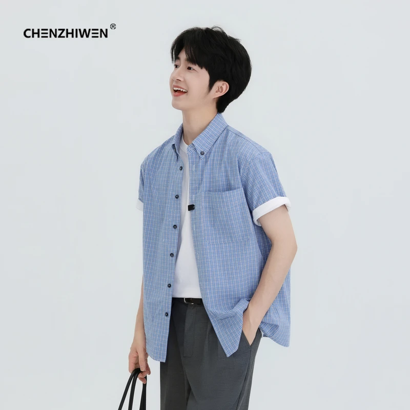 陈智文夏季新款高级蓝色格子宽松半袖衬衣透气全棉休闲短袖衬衫男
