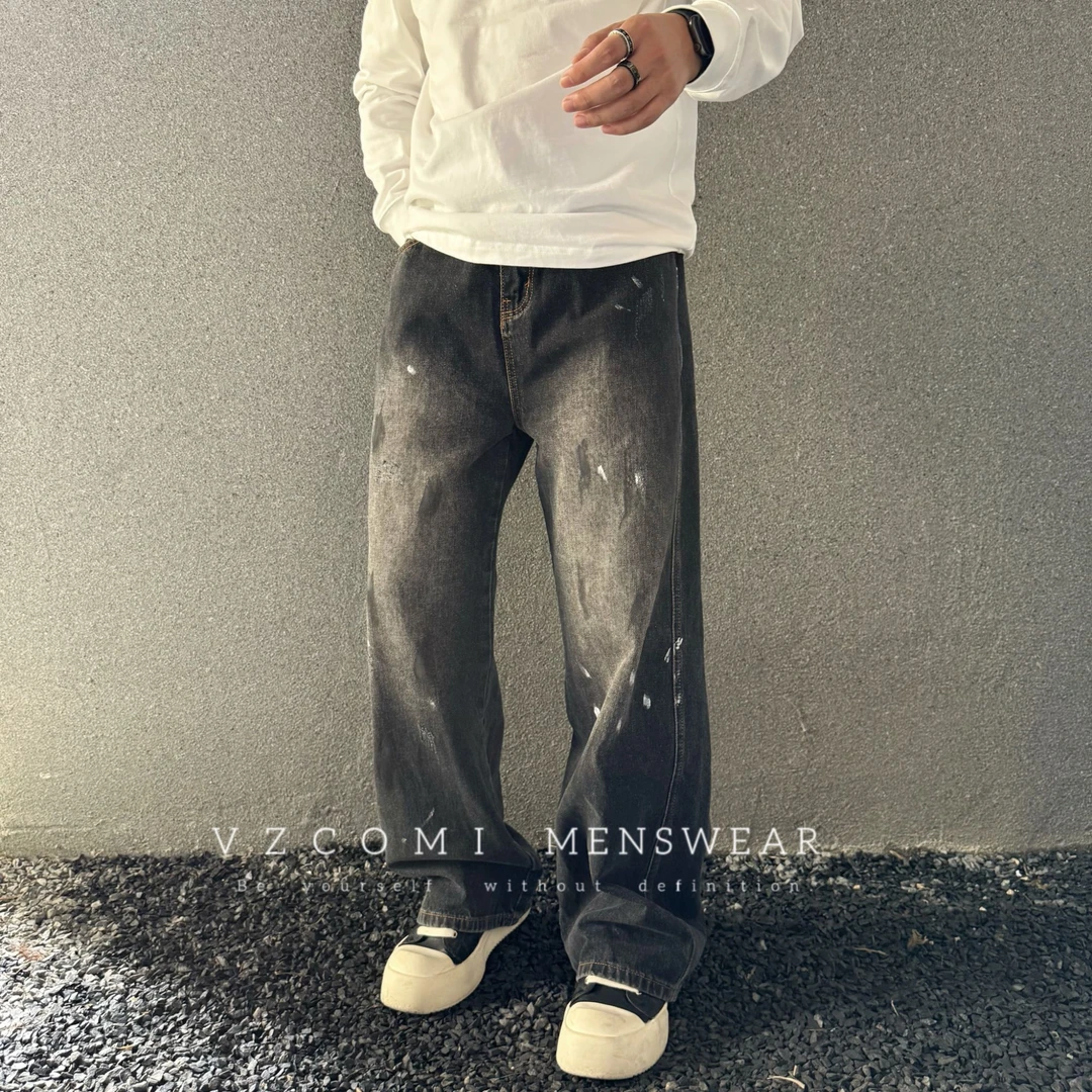 美式巴黎风立体剪裁复古黑灰做旧牛仔裤裤子直筒韩版长裤水洗泼墨