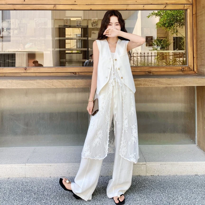 又A又飒松弛感套装裤女2025年夏季新款蕾丝罩衫马甲阔腿裤三件套