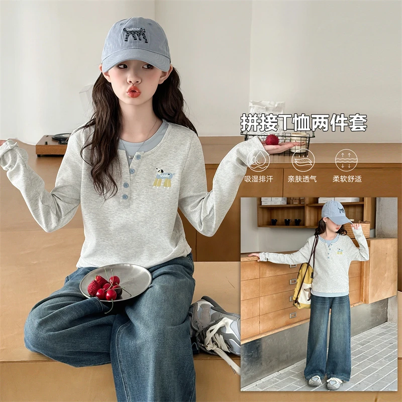 女童春秋韩系腊肠狗假两件打底衫套装中大童洋气直筒牛仔裤两件套