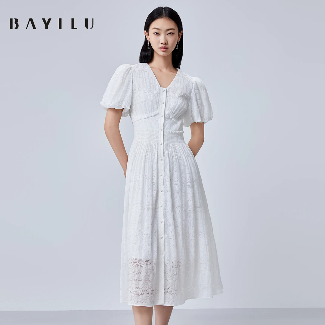 【力力淘】芭依璐2025夏季连衣裙女泡泡袖镂空v领长裙90L7913