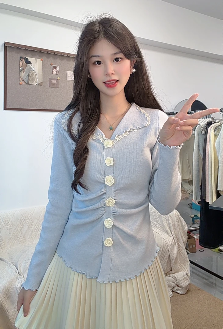 立体花朵木耳边针织衫女秋冬新款修身百搭长袖打底衫上衣8081