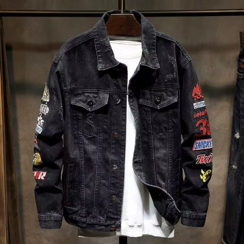 春季刺绣牛仔外套潮流帅气青年港风夹克宽松徽章休闲上衣服男士