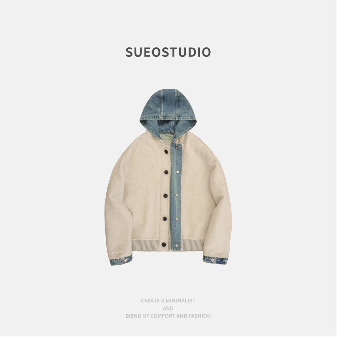 SUEO【全羊毛&牛仔】假两件设计风 手工缝制暖糯保暖高级感连帽外套