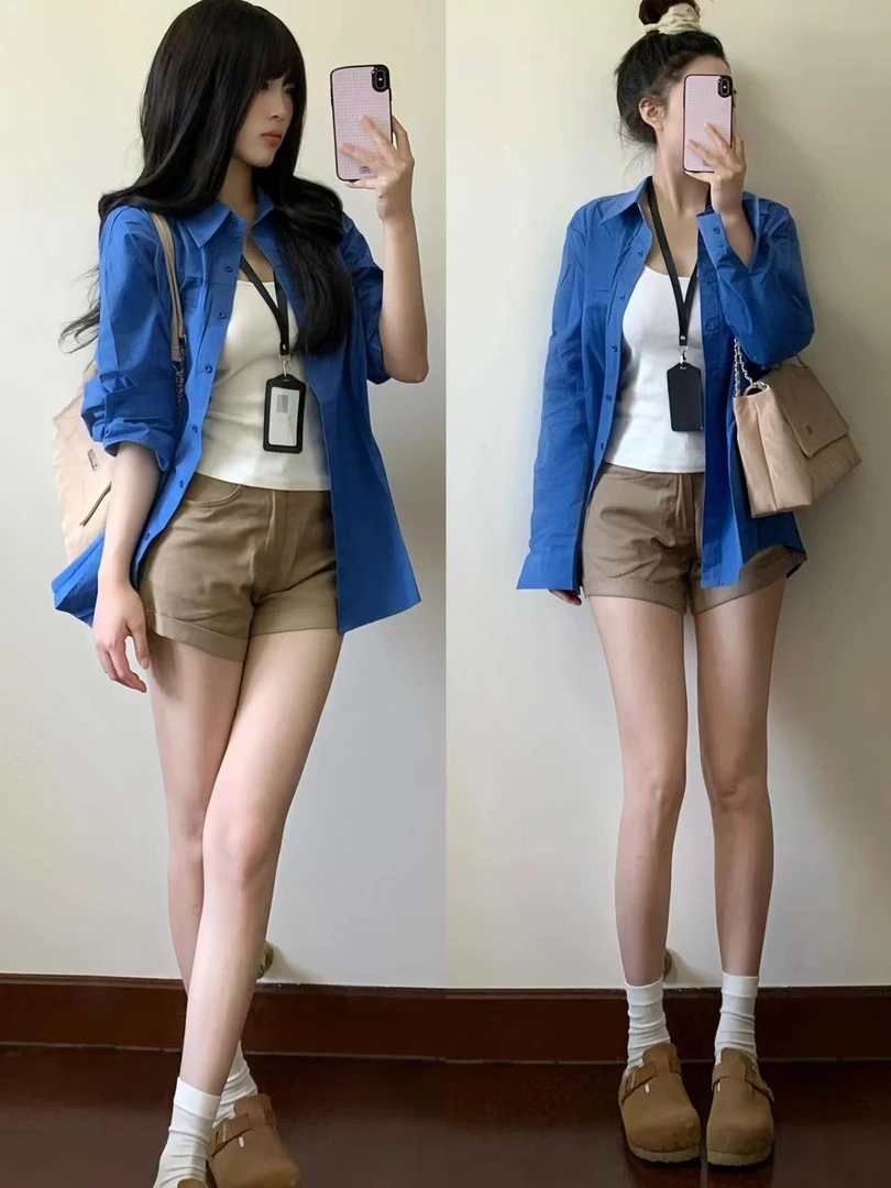 轻奢高级感深蓝色正肩纯棉衬衫女超仙ins叠穿宽松遮肉衬衣防晒衫