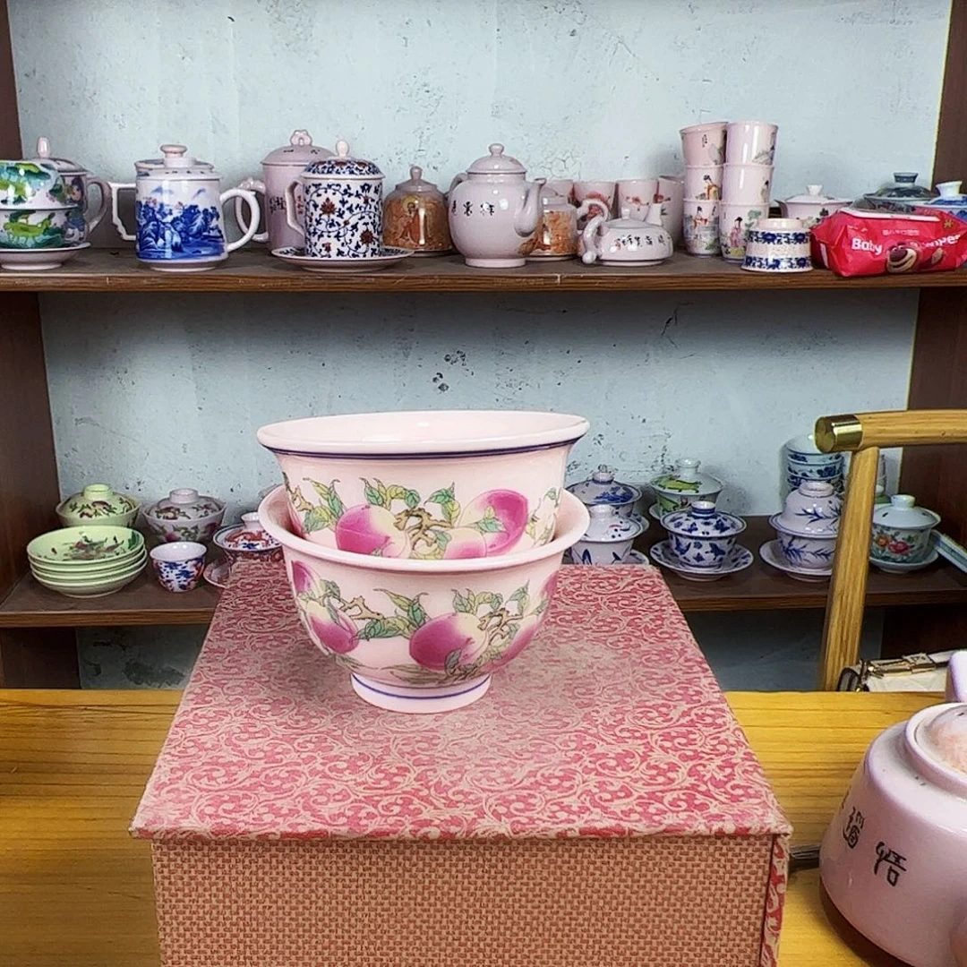摆件陶景德镇红xixi寿桃压手杯2个