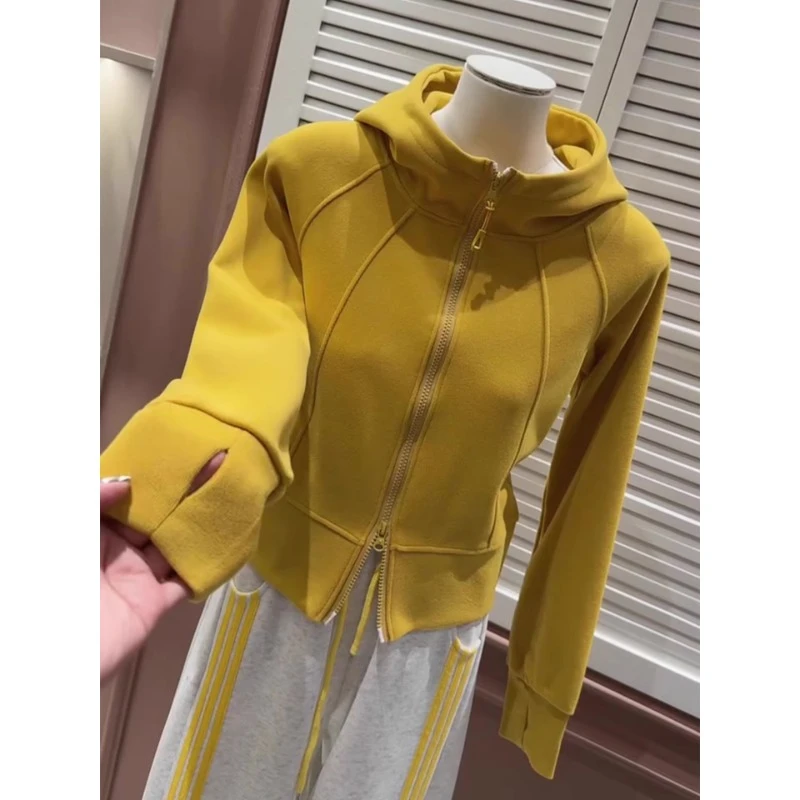 休闲减龄黄色卫衣拉链立领连帽修身设计感百搭长袖女2025秋季新款