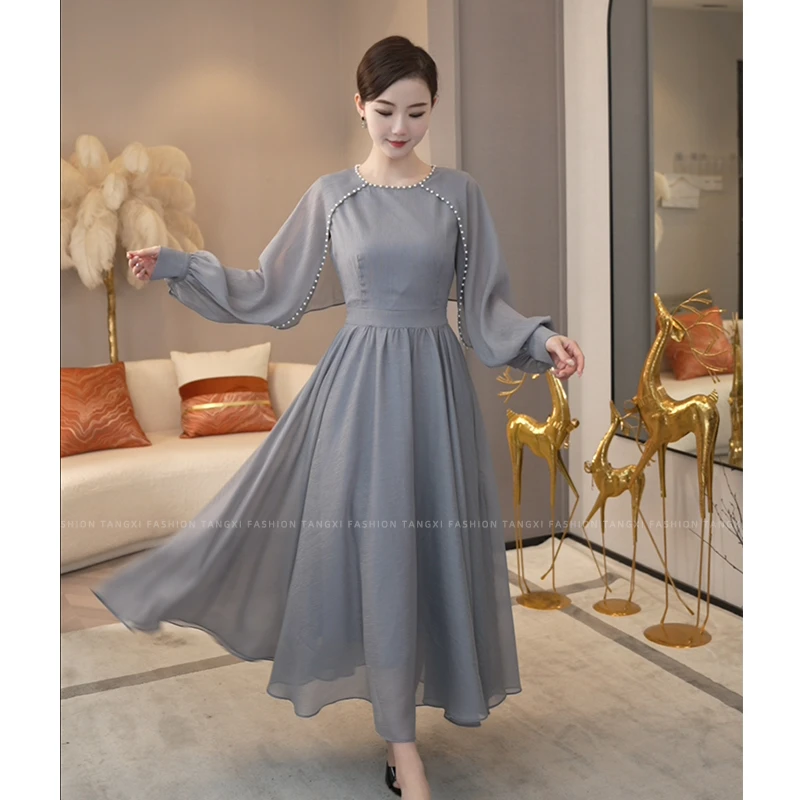 2025夏季新款【5805】法式轻奢温婉典雅珍珠披肩气质减龄紫色连衣裙