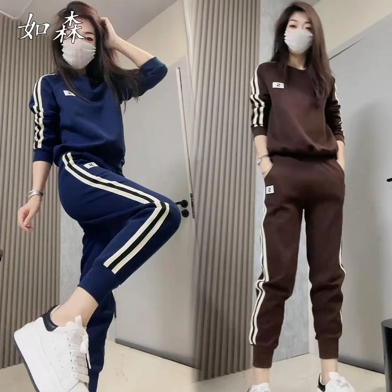 时尚休闲运动服套装女2025春秋新款洋气大码时髦卫衣束脚裤两件套