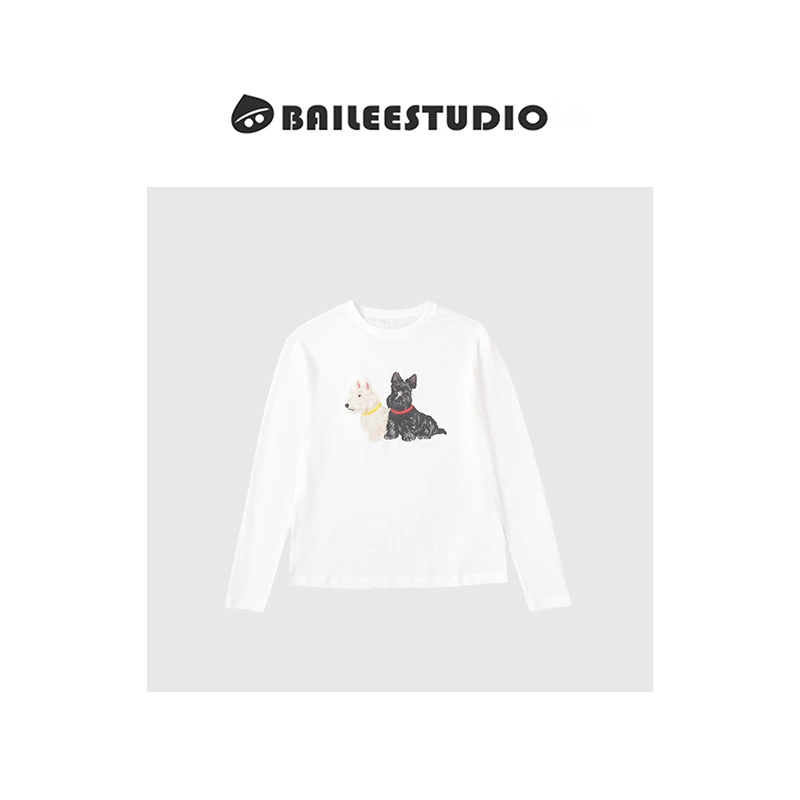 【柏栗良品】2025春夏新品~圆领百搭印花长袖刺绣小狗T恤SS015