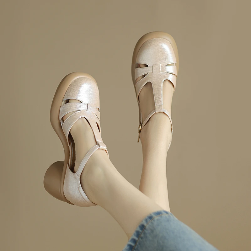 羊皮 7厘米 34-40百搭夏季真皮复古法式粗跟厚底包头