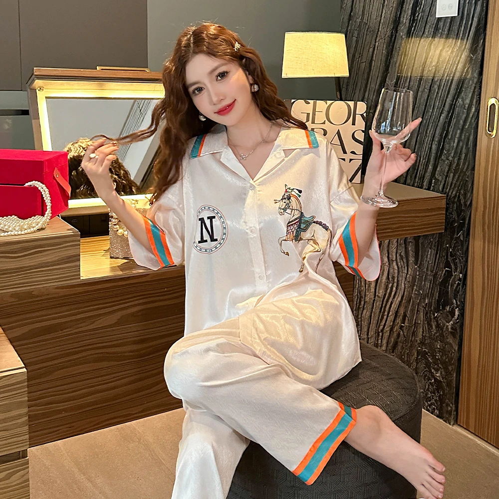 小香风冰丝睡衣女夏季薄款三件套羽毛纱丝绸高级感套装宽松家居服