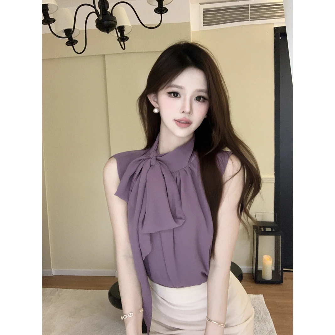 法式气质紫色飘带雪纺衬衫女夏季新款轻熟风设计感小众无袖小上衣