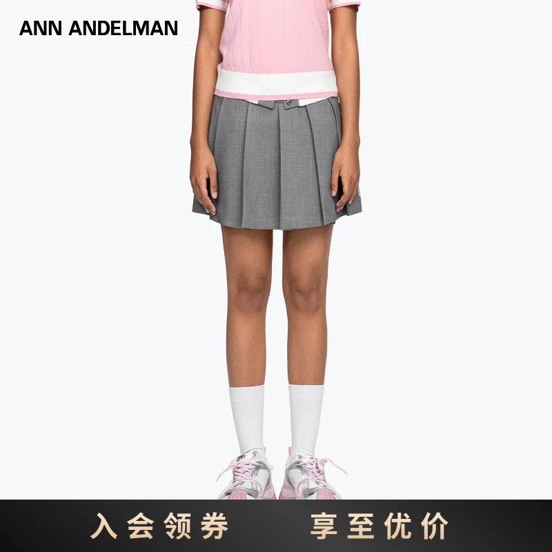 ANN ANDELMAN灰色设计感a字半身短裙翻折腰头百褶裙裤女